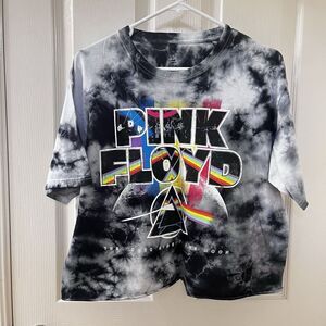 Pink Floyd Dark Side of the Moon Tie Dye Graphic T-Shirt Raw Hem Cropped Size L